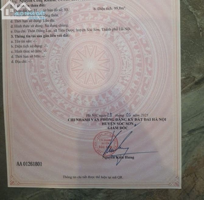 Bán Đất Khu Đồng Trầm - Tiên Dược, Sóc Sơn