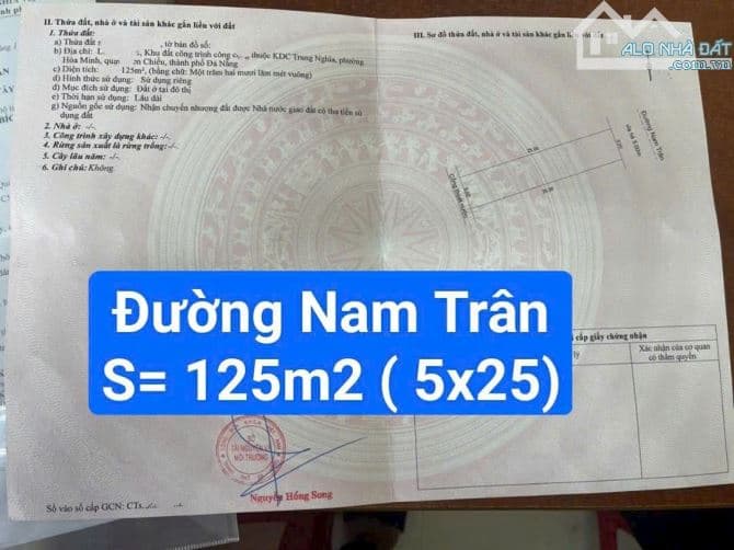 Đất mặt tiền đường 33m Nam Trân. Đối diện bến xe, thông ra biển Nguyễn Tất Thành S= 125m2